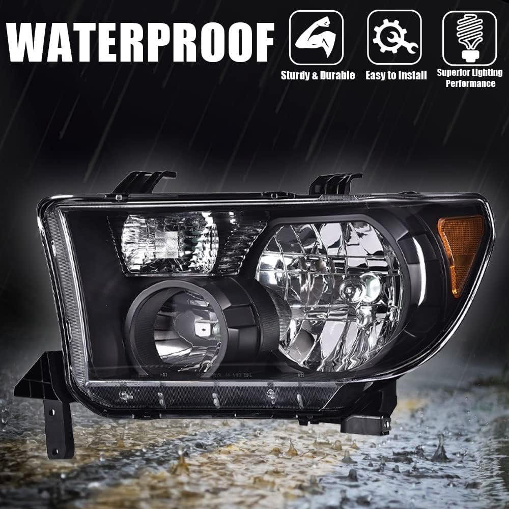 G-PLUS Headlights Assembly W/o Bulbs, Compatible with 2007-2013 Toyota Tundra /2008-2017 Sequoia Bumper Headlamps, Clear Lens Black Housing Amber Reflector LH&RH