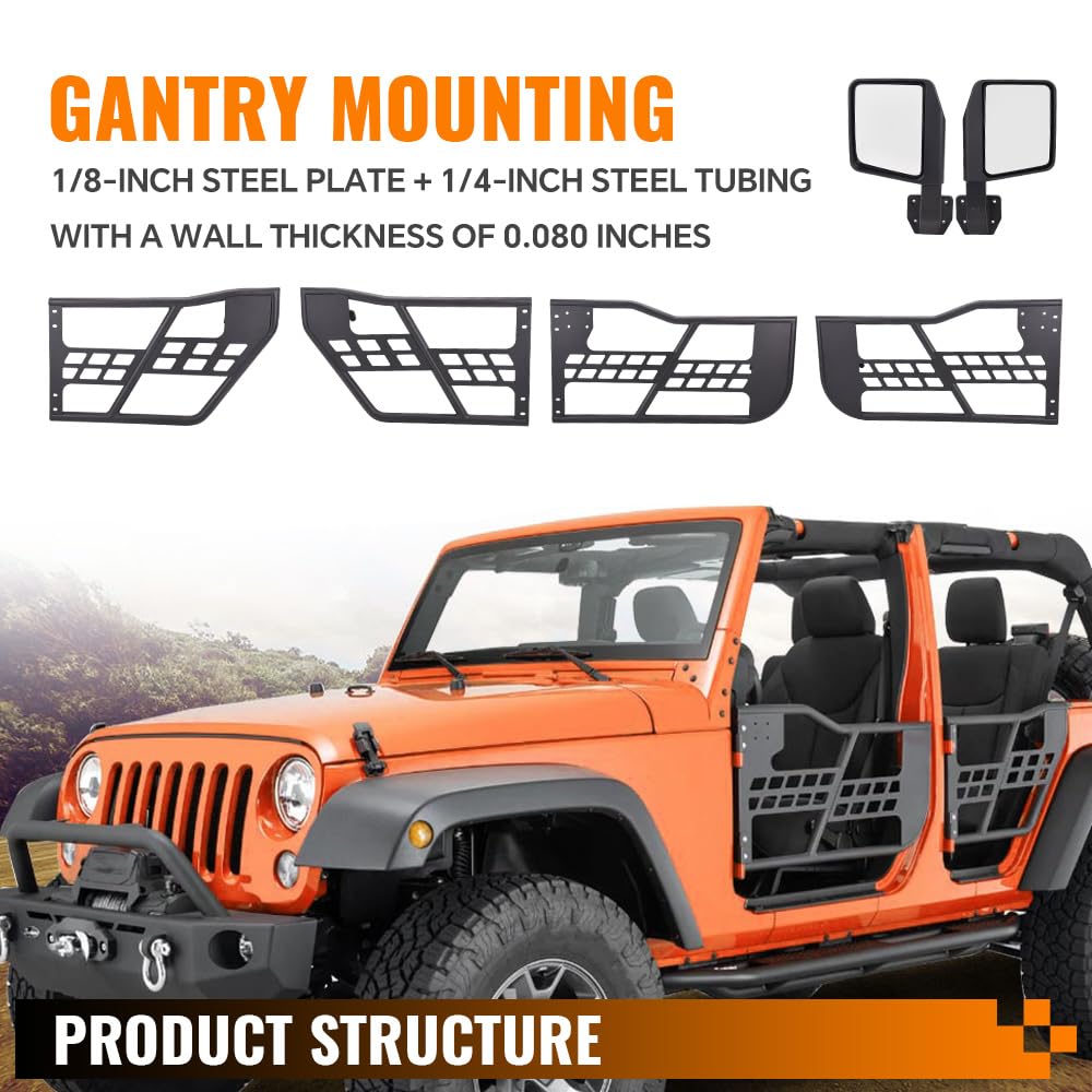 G-PLUS Tubular Doors Compatible With 2007-2018 Jeep Wrangler JK Unlimited 4 Doors Rock Crawler Off Road Replacement Front & Rear Tube Doors Without Mirror (Hardware Included) Steel Textured Black
