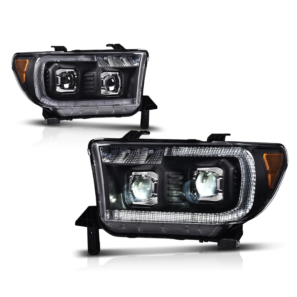 G-PLUS LED Tube Headlights Projector Assembly Compatible with Toyota Tundra 2007-2013, Fit Toyota Sequoia 2008-2017 Left & Right Headlamps, Clear Lens Black Housing Amber Reflector, TO2502171