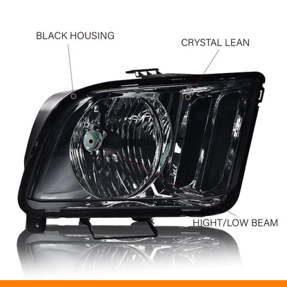 G-PLUS Headlights Compatible with Ford Mustang 2005-2009 Factory Halogen Headlamps Pair Smoky Lens Chrome Housing Amber Reflector,faros delanteros