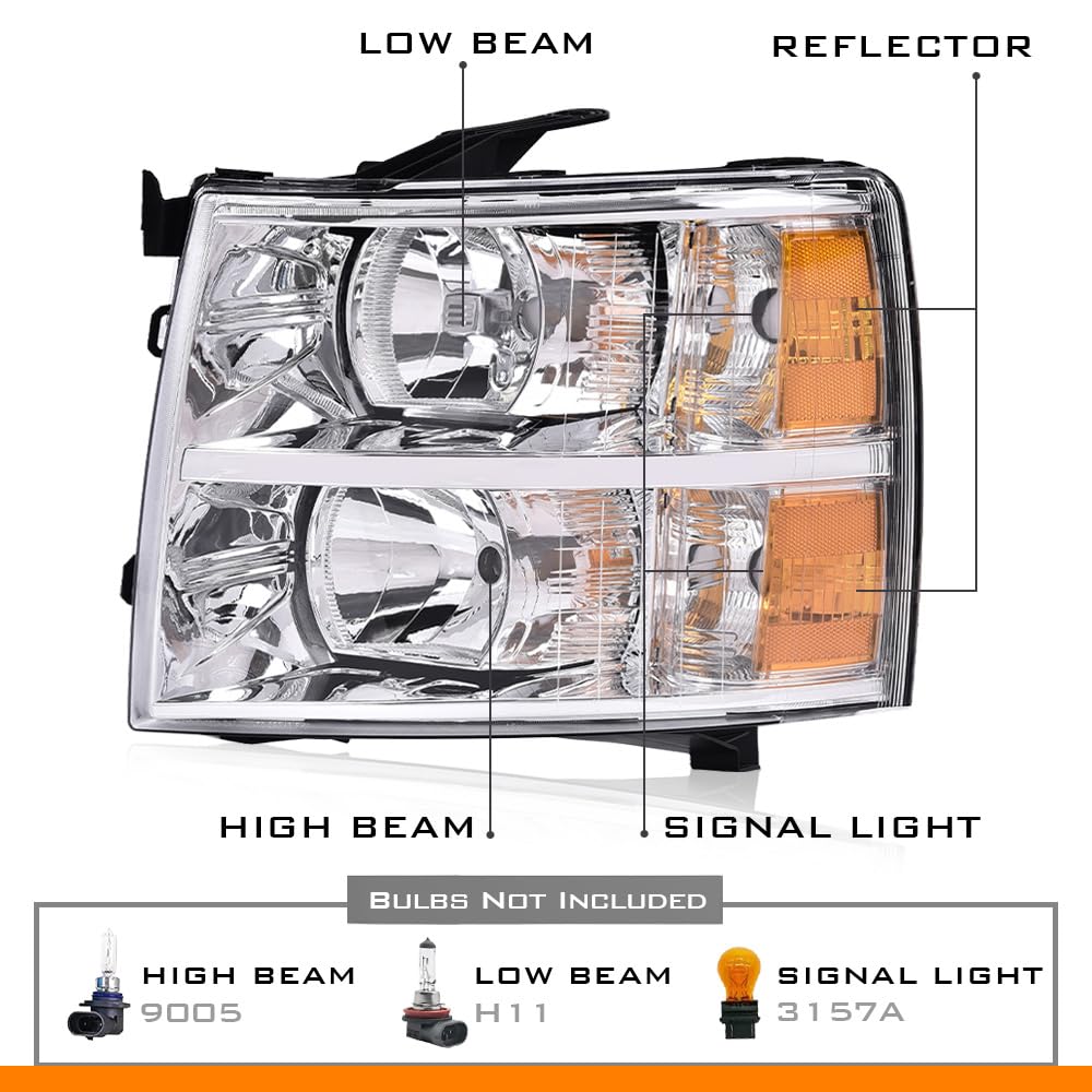 G-PLUS Left Headlights Assembly Compatible with Chevy Silverado 1500 2007-2013/Fit Chevy Silverado 2500 HD 3500 HD 2007-2014 Driver Side Left Headlamp Clear Lens Chrome Housing Amber Reflector