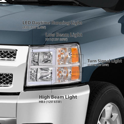 G-PLUS LED Headlights Assembly,Compatible with Chevy Silverado 1500 2007-2013/Fit 2007-2014 Chevy Silverado 2500 3500 & HD Bumper Corner Headlamp W/o Bulbs Clear Lens Chrome Housing Amber Reflector