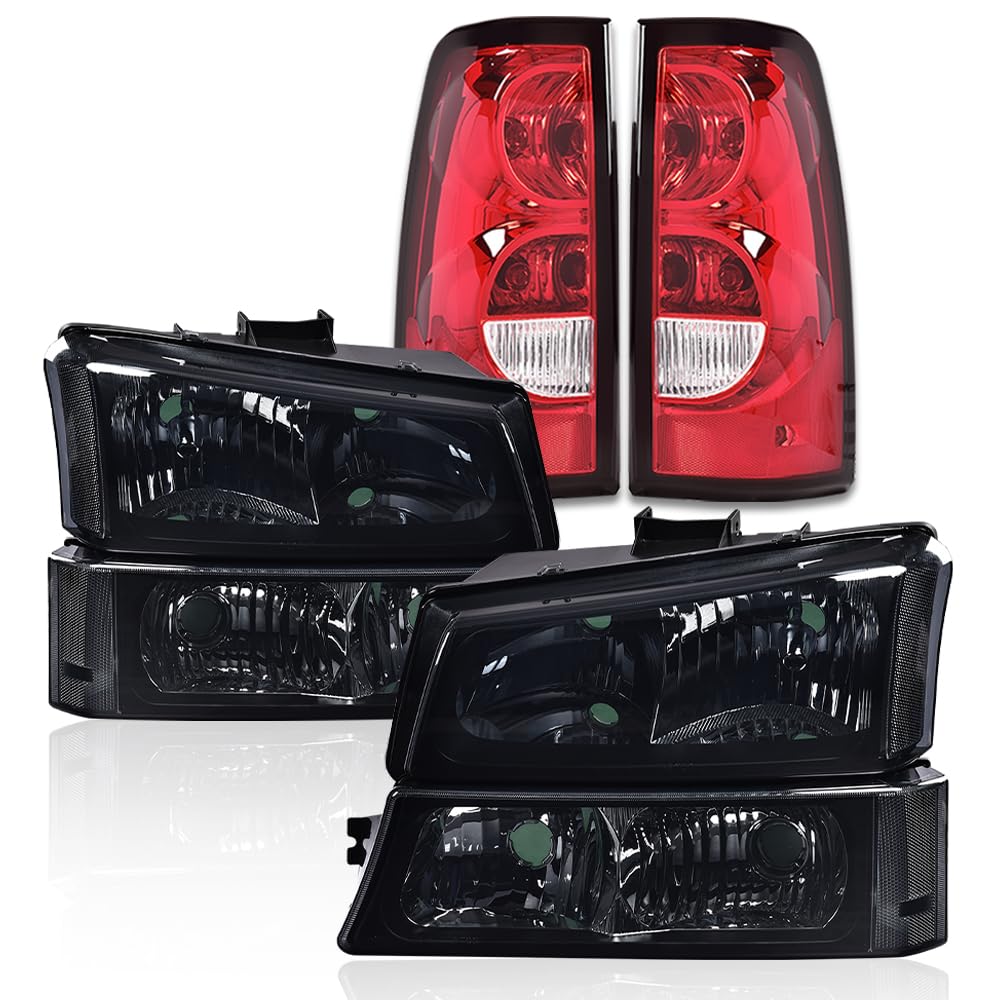 G-PLUS Headlights Assembly & Tail Lights Fit Chevy Silverado 1500 1500 HD 2500 2500 HD 2003-2006, Smoky Lens Black Housing Clear Reflector Headlamps Assembly Red Taillights