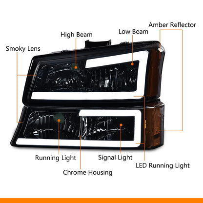 G-PLUS LED DRL Headlights Assembly & Tail Lights Fit Chevy Silverado 1500 1500 HD 2500 2500 HD 2003-2006, Smoky Lens Chrome Housing Amber Reflector Headlamps Assembly Red Taillights
