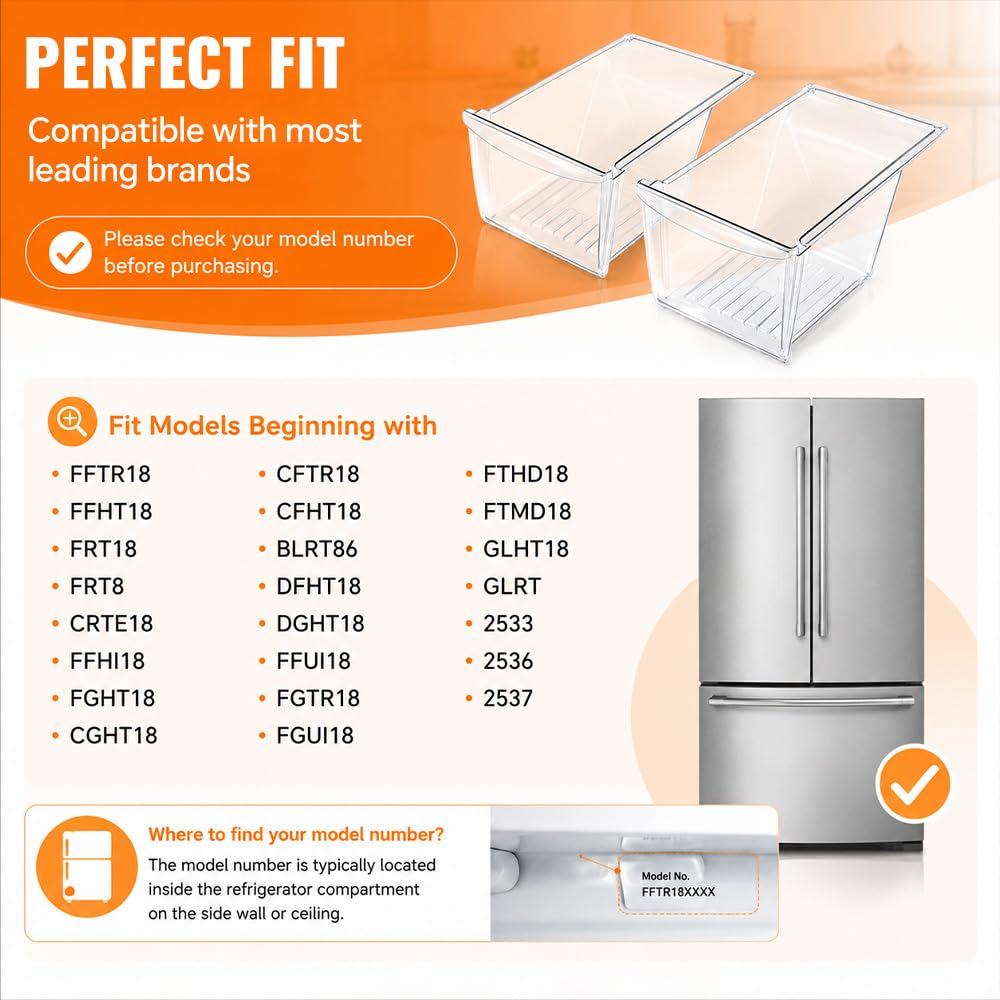 G-PLUS Crisper Drawer Pan 2PCS Compatible with Frigidaire, Kenmore, Crosley, Westinghouse, Gibson, Kelvinator 240337102, 240337108, 891037 Clear