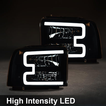 G-PLUS LED Headlights Compatible with Ford F250 F350 F450 F550 Super Duty 2005-2007 DRL BAR Headlamps Smoky Lens Black Housing Clear Reflector,faros delanteros