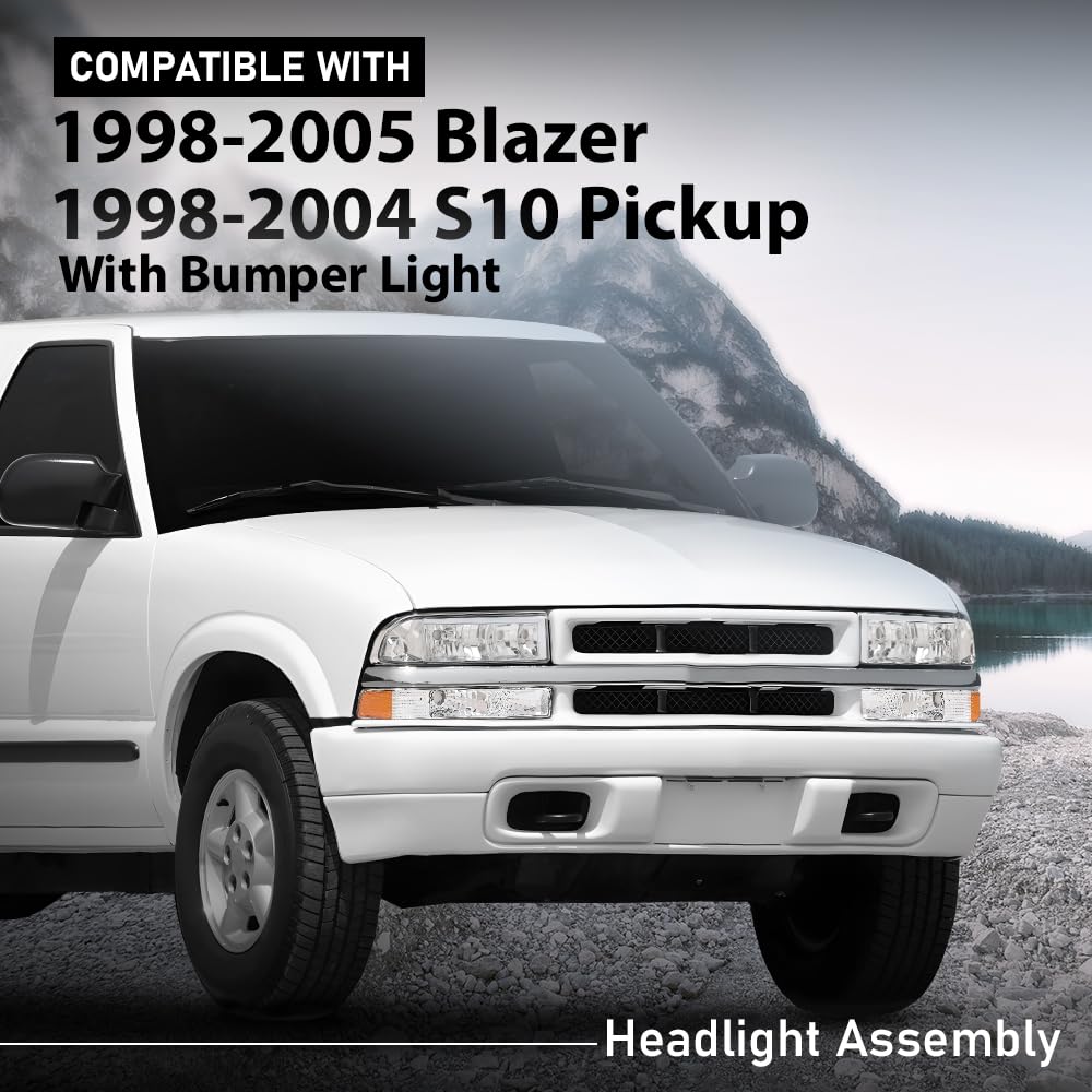 G-PLUS LED Headlights Front Headlamps Fit Chevy Blazer 1998-2005, Fit Chevy S10 Pickup 1998-2004 with Bumper Lights Clear Lens Chrome Housing Amber Reflector,faros delanteros Assembly