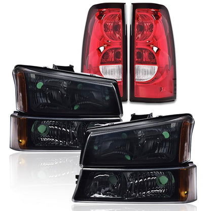 G-PLUS Headlights Assembly & Tail Lights Fit Chevy Silverado 1500 1500 HD 2500 2500 HD 2003-2006, Smoky Lens Black Housing Amber Reflector Headlamps Assembly Red Taillights
