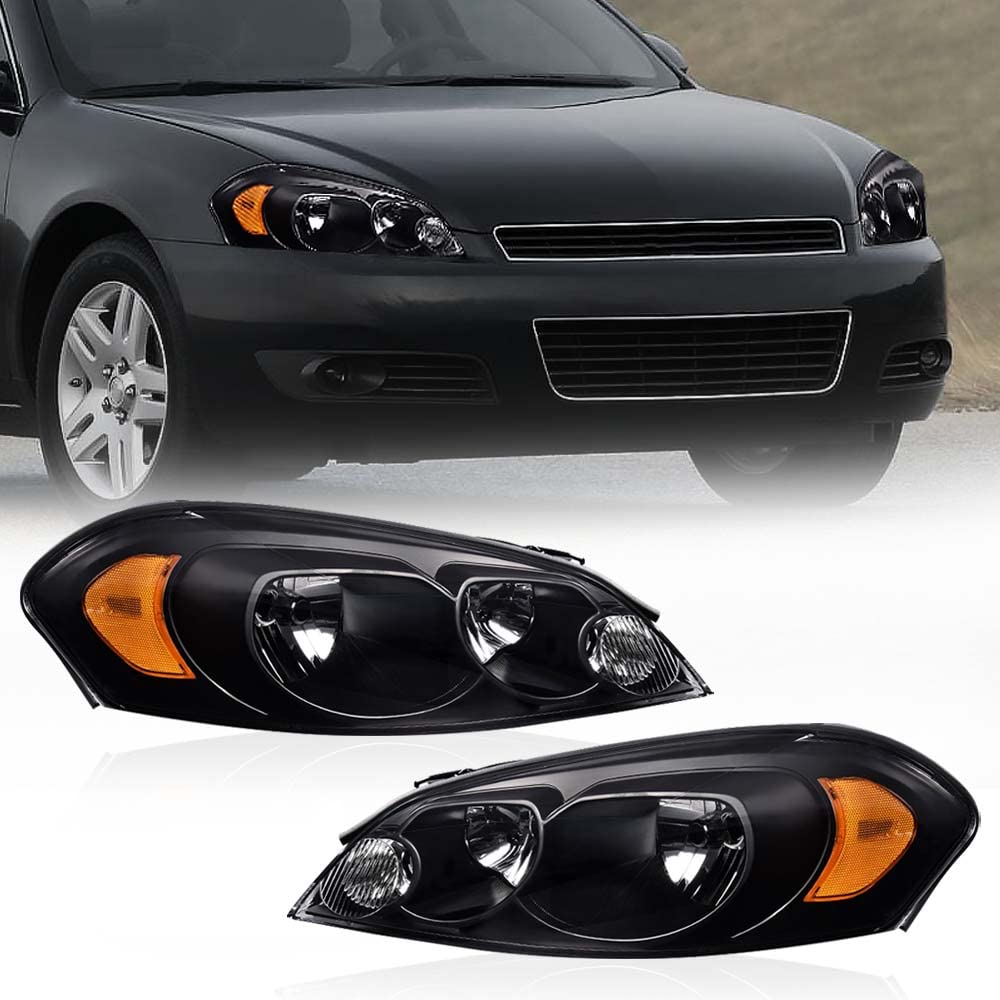 G-PLUS Headlights Assembly Fit Chevy Monte Carlo 2006 2007/Chevy Impala 2006-2013/Chevy Impala Limited 2014 2015 2016 Headlamps W/o Bulbs Clear Lens Black Housing Amber Reflector,faros delanteros