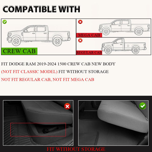 G-PLUS Floor Mats Fit for 2019-2024 Dodge Ram 1500 Crew Cab New Body (NOT Classic Models) Without Storage, TPE All Weather Custom Fit Full Cover Protection Floor Liner 1st & 2nd Row, Black