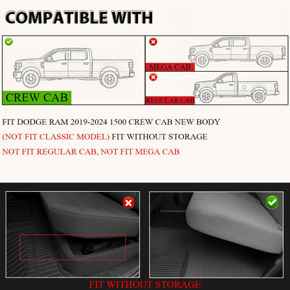 G-PLUS TPE Cargo Liners, Compatible with Dodge Ram 1500 Crew Cab New Body Without Storage 2019-2024 (NOT Classic Models),Black, Floor Liner Full Cover Protection 1st & 2nd Row 3PCS