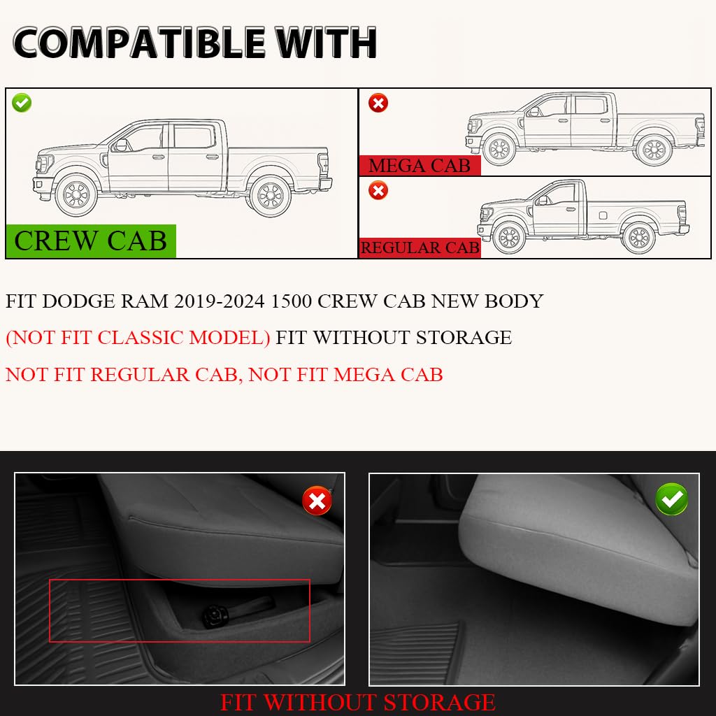 G-PLUS Floor Mats,Fit for Dodge Ram 1500 Crew Cab New Body 2019-2024(NOT Classic Models) Without Storage, TPE Custom Fit All Weather Full Cover Protection 3 Piece Cargo Floor Liners,Black