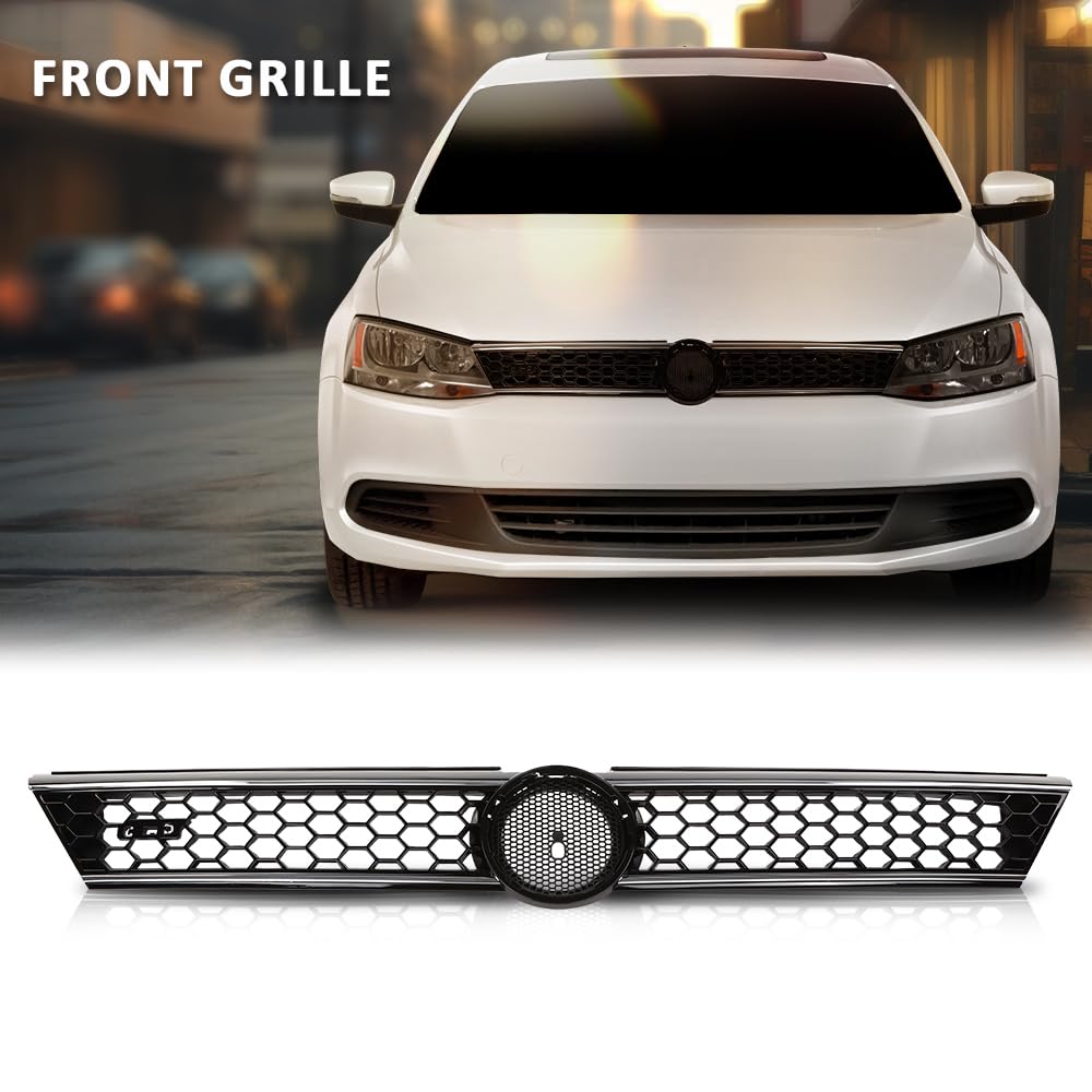 G-PLUS Front Upper Grille Grill Trim Gloss Black Honeycomb W/Chrome Trim Compatible with Volkswagen VW Jetta 2010-2014 5C6853653A