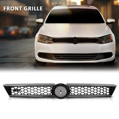 G-PLUS Front Upper Grille Grill Trim Gloss Black Honeycomb W/Chrome Trim Compatible with Volkswagen VW Jetta 2010-2014 5C6853653A