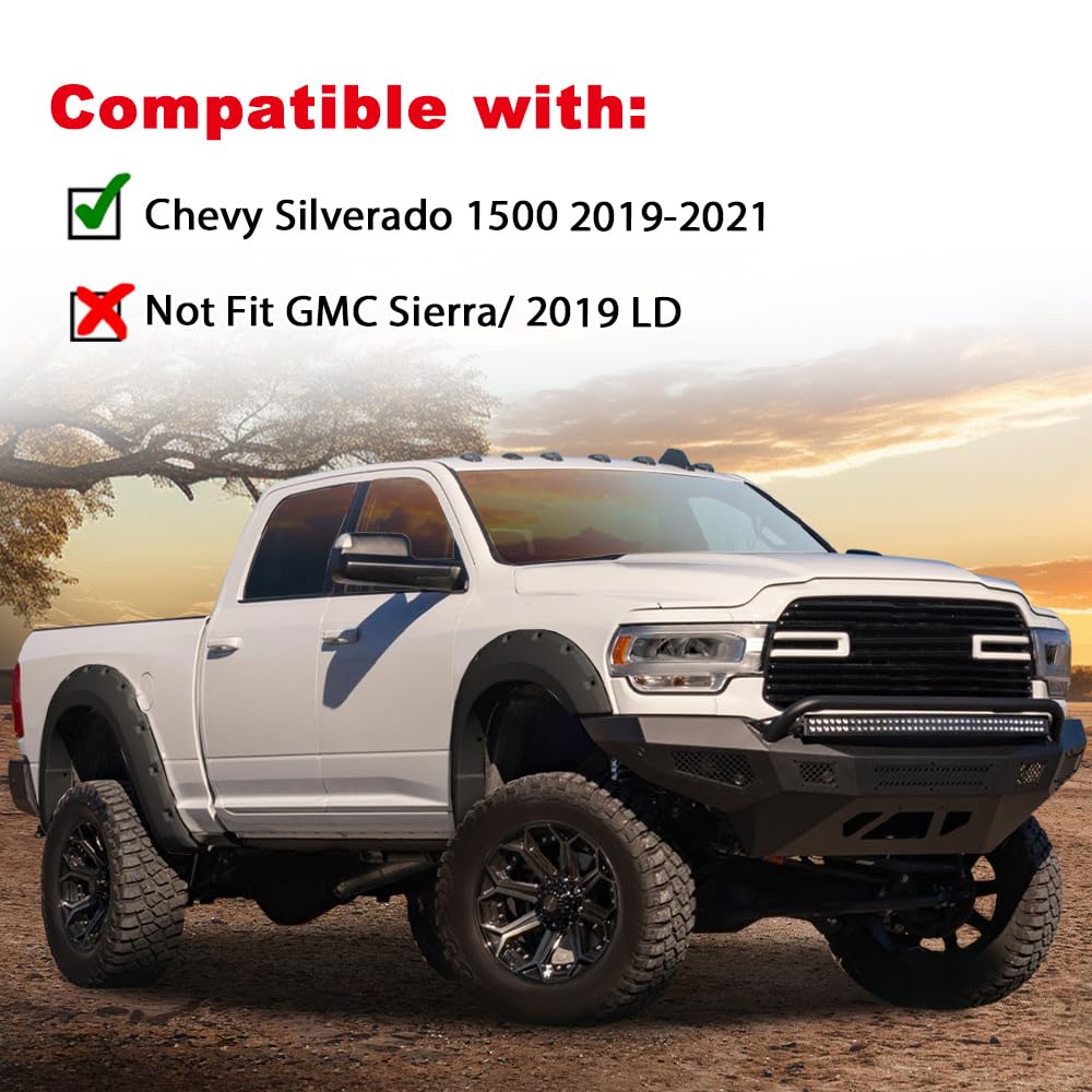 G-PLUS Fender Flares Modified Compatible with Chevy Silverado 1500 2019-2021 Not Fit GMC Sierra LD 2019 Pocket Rivet Wheel Opening Molding Arch Trim 4PCS Black