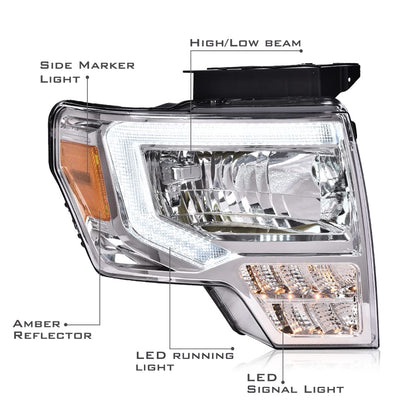 G-PLUS Headlights Assemblies LED Tube Compatible with Ford F150 2009-2014 Headlamps Driver Side & Passenger Side Clear Lens Chrome Housing Amber Reflector,faros delanteros