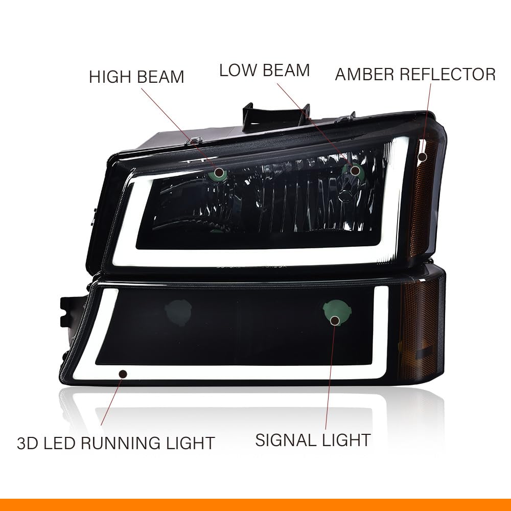 G-PLUS LED Headlights Assembly & Tail Lights Fit Chevy Silverado 1500 1500 HD 2500 2500 HD 2003-2006, Smoky Lens Black Housing Amber Reflector Headlamps Assembly Red Taillights