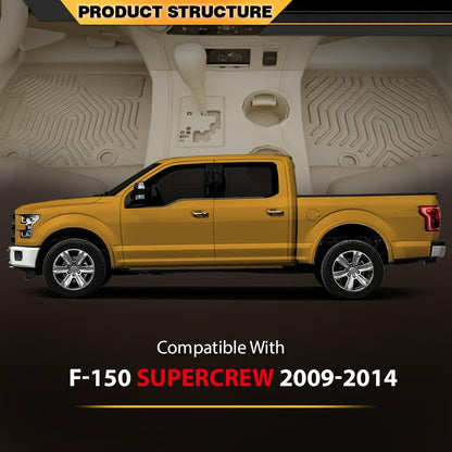 Floor Mat Fit Ford F150 SuperCrew Cab 2009 2010 2011 2012 2013 2014 All Weather Full Cover Protection TPE Car Floor Cargo Liner 1st & 2nd Row 3PCS Beige, alfombras para carro
