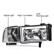 G-PLUS LED Headlights for Dodge Ram 1500 1994-2001 Ram 2500 3500 1994-2002 Clear Lens Front View