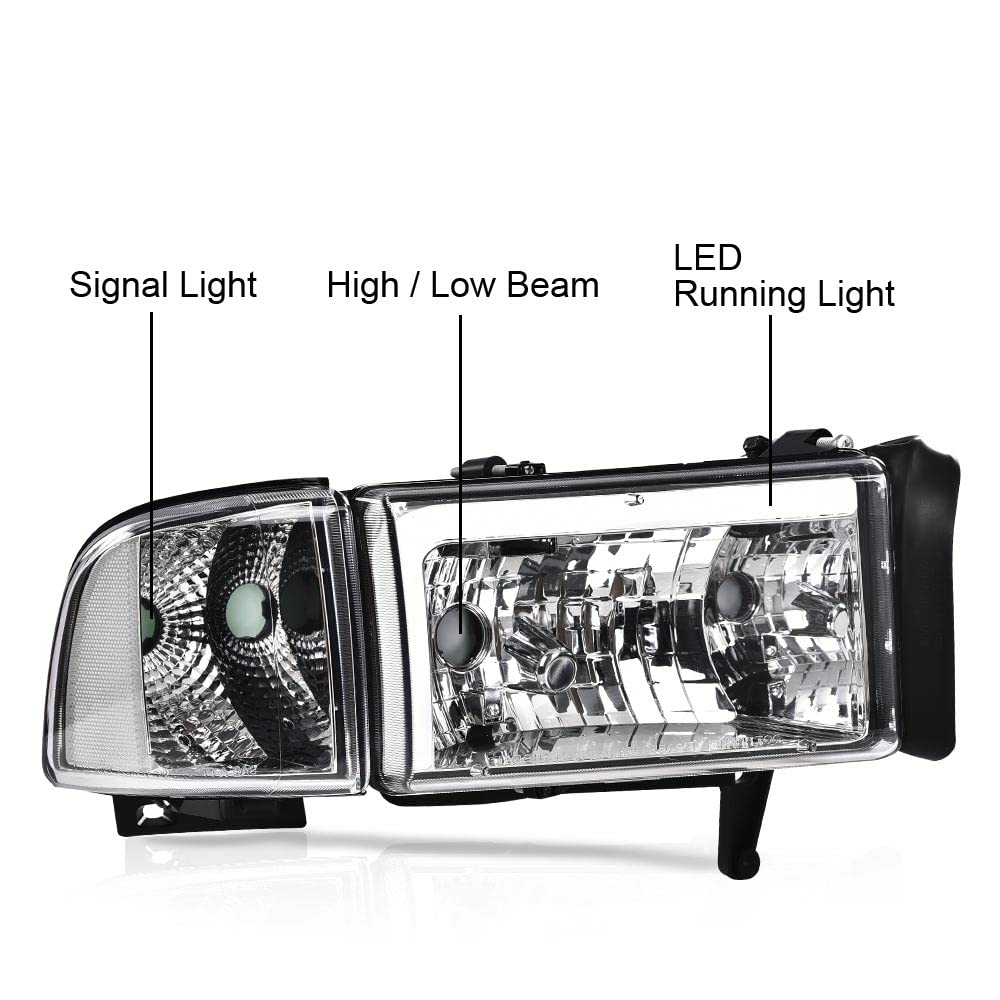 G-PLUS LED Headlights Fit 1994-2001 Dodge Ram 1500/1994-2002 Dodge Ram 2500 3500,Not fit Ram Sport, w/o Bulbs Clear Lens Chrome Housing Clear Reflector Bumper Headlamps,faros delanteros Assembly