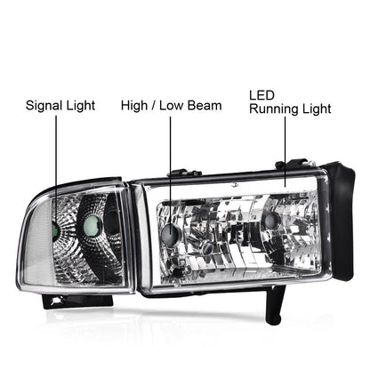 G-PLUS LED Headlights Fit 1994-2001 Dodge Ram 1500/1994-2002 Dodge Ram 2500 3500,Not fit Ram Sport, w/o Bulbs Clear Lens Chrome Housing Clear Reflector Bumper Headlamps,faros delanteros Assembly