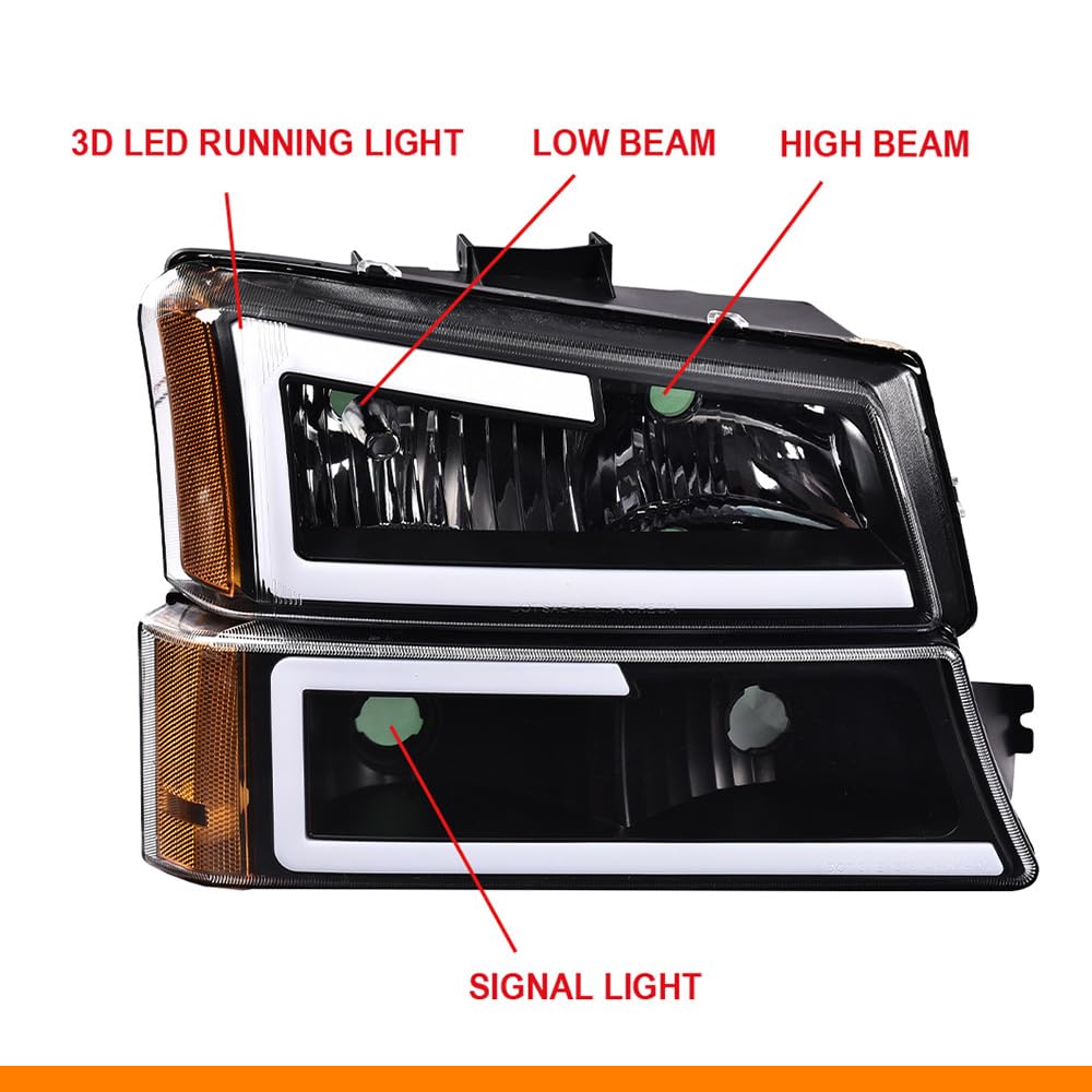 G-PLUS LED DRL Headlights Assembly + Tail Lights Fit Chevy Silverado 1500 1500 HD 2500 2500 HD 2003-2006, Clear Lens Black Housing Amber Reflector Headlamps Assembly Dark Red Taillights