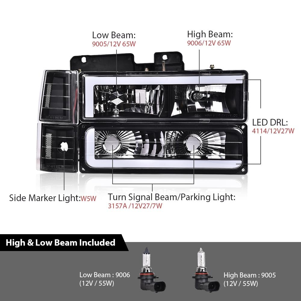 G-PLUS LED Headlights Assembly w/Bulbs Fit GMC C1500 K1500 Yukon 1994-1999, Fit GMC C2500 C3500 K2500 K3500 1994-2000, Left & Right Headlamps Assembly, Clear Lens Black Housing Clear Reflector