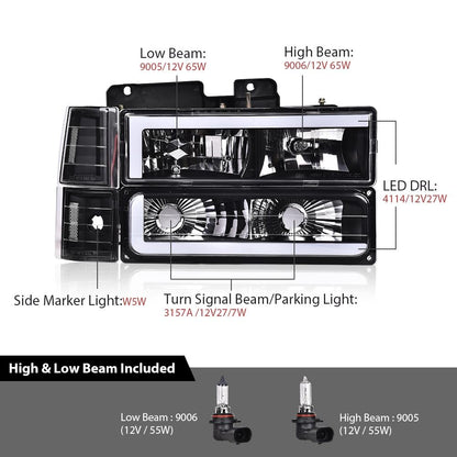 G-PLUS LED Headlights Assembly w/Bulbs Fit GMC C1500 K1500 Yukon 1994-1999, Fit GMC C2500 C3500 K2500 K3500 1994-2000, Left & Right Headlamps Assembly, Clear Lens Black Housing Clear Reflector