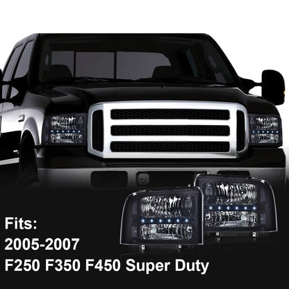 G-PLUS Smoked LED DRL headlights, Compatible with 2005 2006 2007 Ford F250 F350 F450 F550 Super Duty Bumper Headlamps, Smoky Lens Black Housing Clear Reflector 6C3Z13008AB,faros delanteros