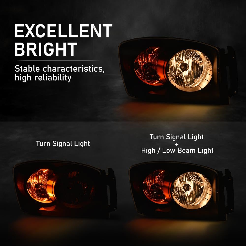 G-PLUS Headlights w/Bulbs Compatible with Dodge Ram 1500 2006-2008/Fit Dodge Ram 2500 3500 2006-2009,CH2503180 Clear Lens Black Housing Amber Reflector Bumper Headlamps,faros delanteros Assembly