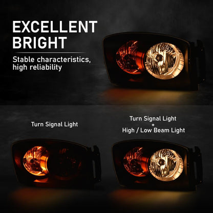 G-PLUS Headlights w/Bulbs Compatible with Dodge Ram 1500 2006-2008/Fit Dodge Ram 2500 3500 2006-2009,CH2503180 Clear Lens Black Housing Amber Reflector Bumper Headlamps,faros delanteros Assembly