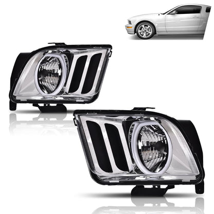 G-PLUS LED Headlights Assembly Compatible with Ford Mustang 2005-2009 7R3Z13008D, 7R3Z13008C Bumper Headlamps Left & Right Clear Lens Chrome Housing Amber Reflector faros delanteros