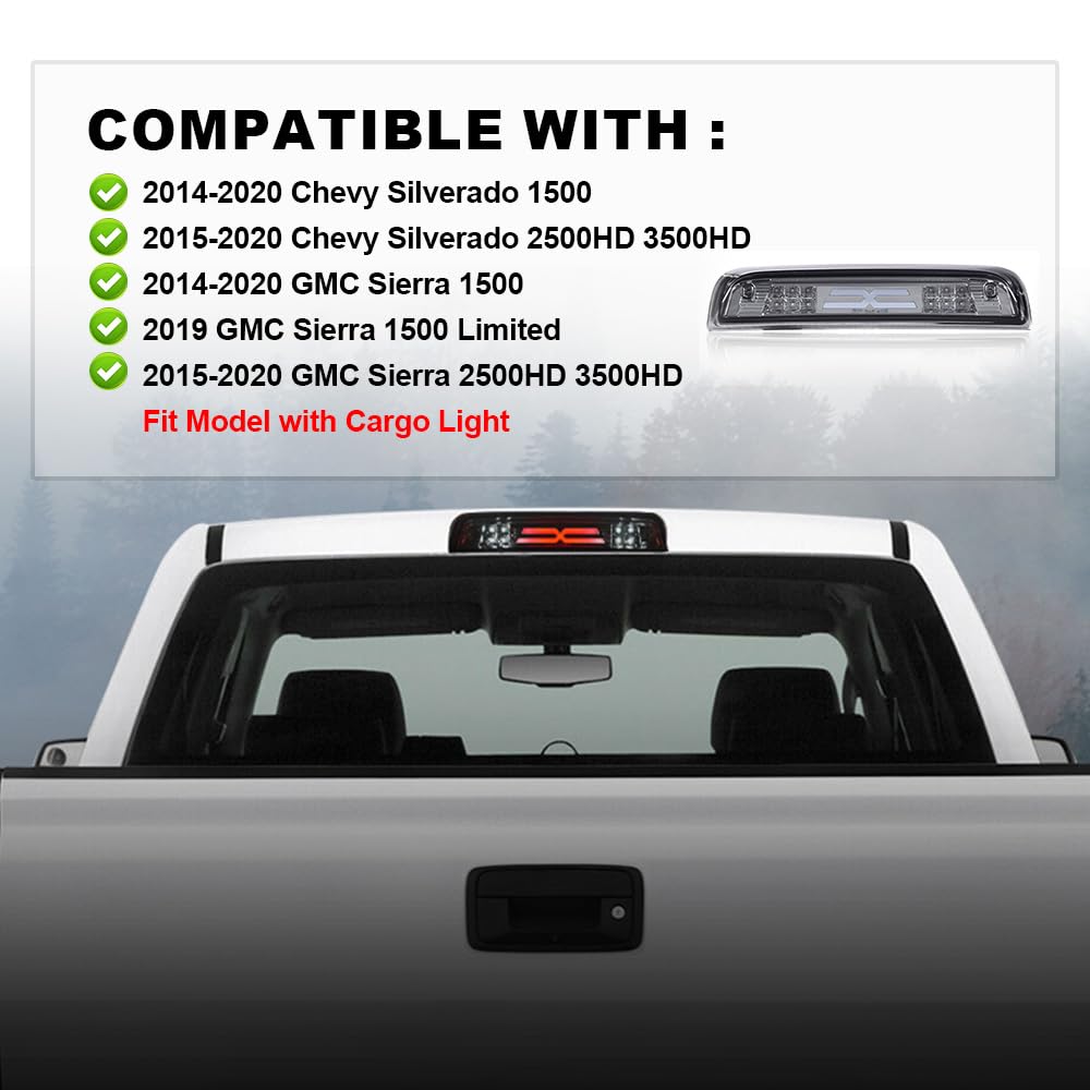 G-PLUS LED 3rd Third Brake Light Compatible with Chevy Silverado 2014-2020,Fit GMC Sierra 2014-2020,X Type High Mount Stop Lamp Tail Cargo Lamp Smoky Lens Clear Housing