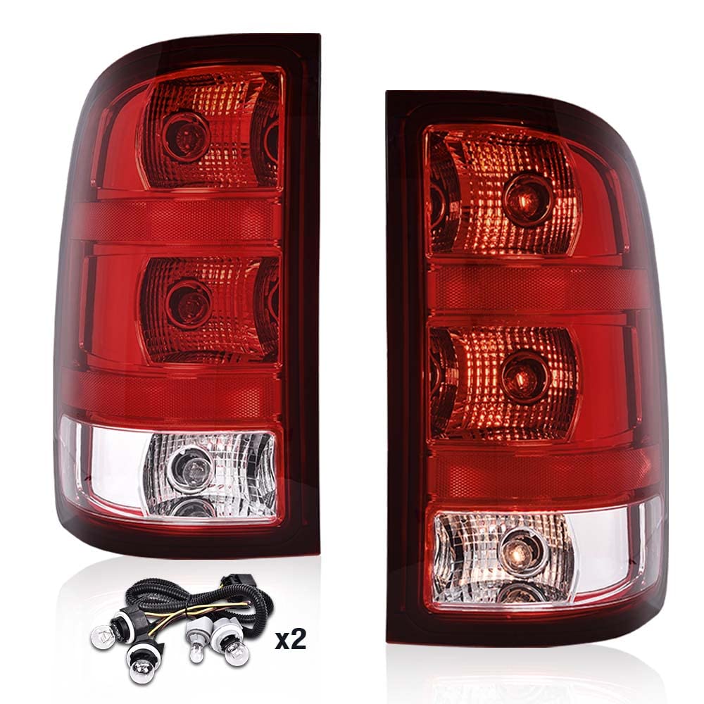 G-PLUS Tail Lights Lamps w/Bulbs & Wiring Harness Fit GMC Sierra 2007-2013 1500 2500 3500HD Red Lens Taillamps Brakelights Luces Traseras Faros TraserosAssembly Left+Right