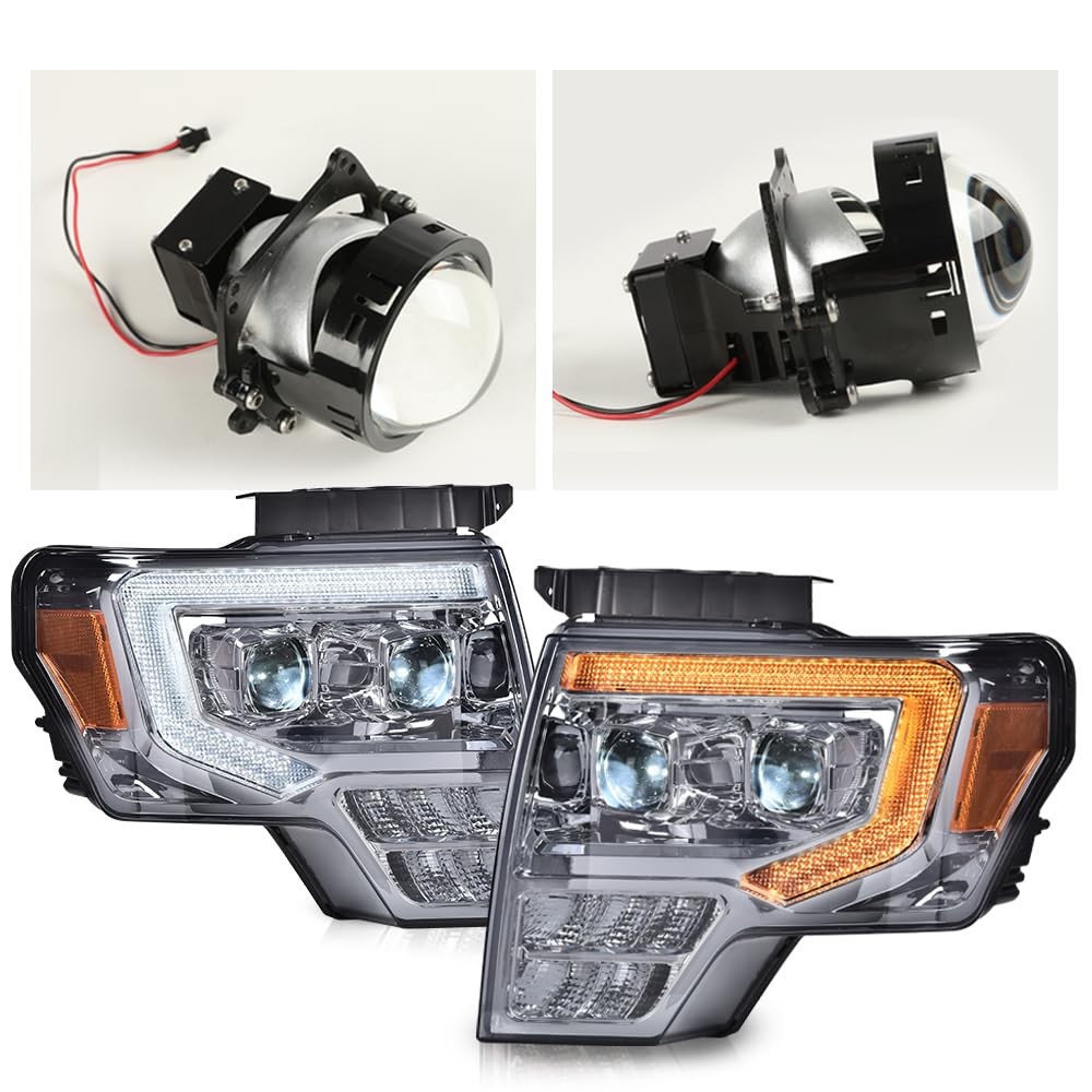 G-PLUS Headlights LED DRL Compatible with Ford F150 2009-2014 Headlamps Pair Left & Right Tube Dual Projector Smoky Lens Chrome Housing Amber Reflector,faros delanteros