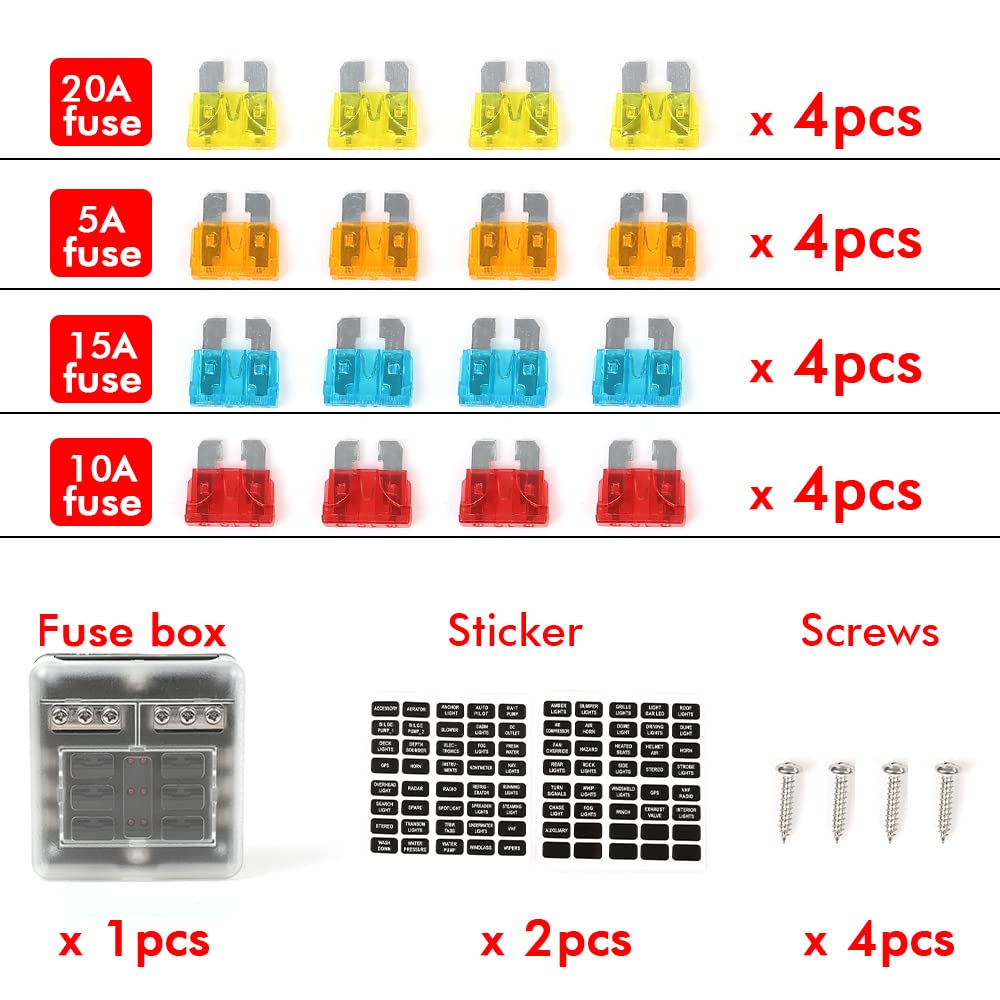 G-PLUS 6 Way Fuse Block Blade Fuse Box with LED Indicator for 12V 24V Car Marine 6 Circuit Fuse Holder Fuse Block 12V/24V 6 Way Car Auto Blade Fuse Board Box