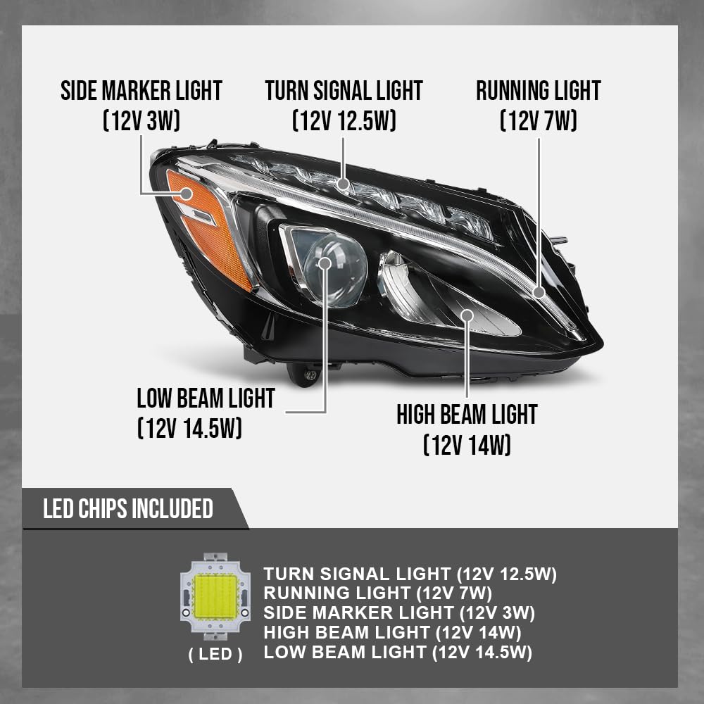 G-PLUS LED Headlight Right Side Compatible with Benz C-Class C300 W205 2015 2016 2017 2018 205906780364, MB2503227 Black