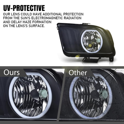 G-PLUS LED Headlights Assembly Compatible with Ford Mustang 2005-2009 4R3Z13008AA, 4R3Z13008AB Bumper Headlamps Left & Right Smoky Lens Black Housing Amber Reflector faros delanteros