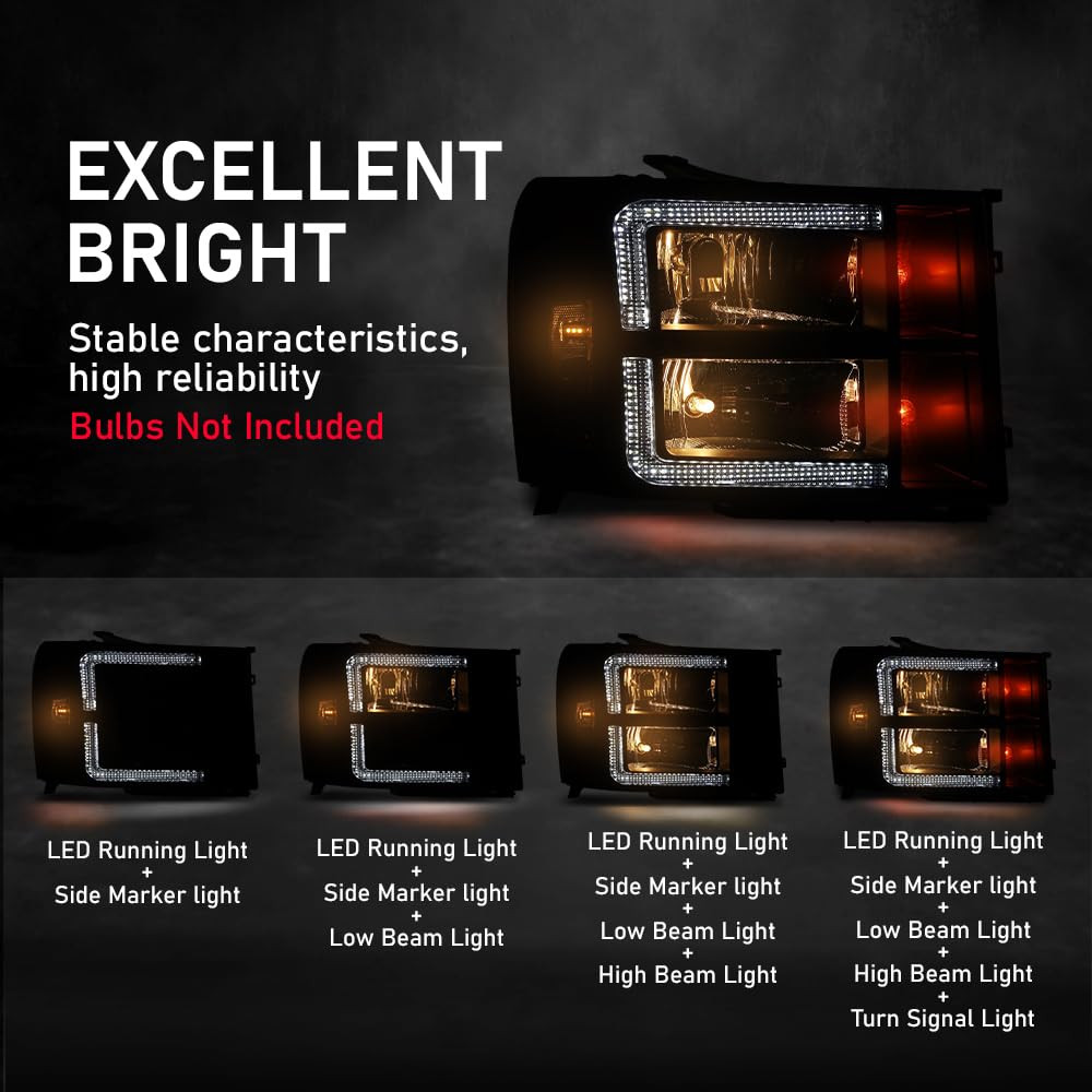 G-PLUS LED Headlights Assembly Front Headlamps Left+Right Fit GMC Sierra 1500 2007-2013, Fit GMC Sierra 2500HD 3500HD 2007-2014 Smoke Lens Black Housing Clear Reflector 22853029,faros delanteros
