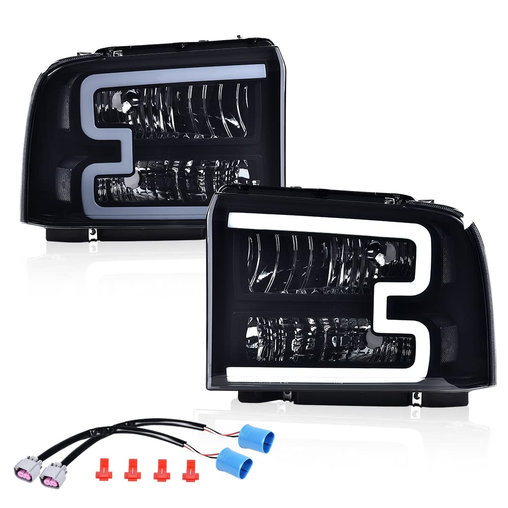 G-PLUS LED Bar Headlights Assembly Fit Ford F250 F350 F450 F550 Super Duty 2005-2007,Fit Ford Excursion 2005 Smoke Lens Black Housing DRL Headlamps w/Wiring,faros delanteros