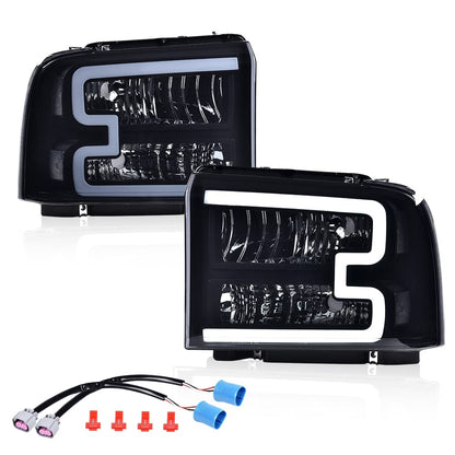 G-PLUS LED Bar Headlights Assembly Fit Ford F250 F350 F450 F550 Super Duty 2005-2007,Fit Ford Excursion 2005 Smoke Lens Black Housing DRL Headlamps w/Wiring,faros delanteros