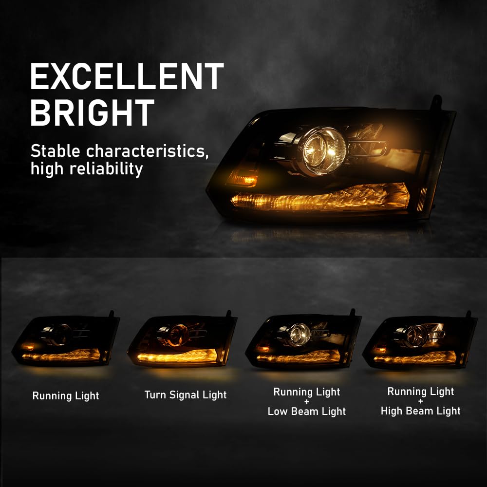 G-PLUS LED Projector Headlights Assembly Compatible with Dodge Ram 1500 2500 3500 2009-2012,Left & Right Pair Headlight Clear Lens Black Housing Clear Reflector,Front Headlamp Bar Plank Style