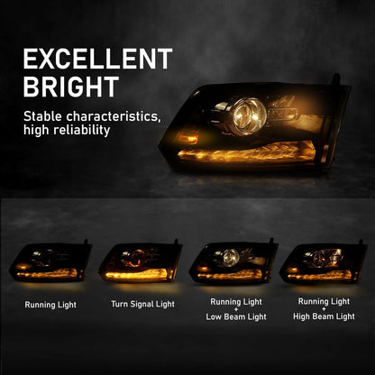 G-PLUS LED Projector Headlights Assembly Compatible with Dodge Ram 1500 2500 3500 2009-2012,Left & Right Pair Headlight Clear Lens Black Housing Clear Reflector,Front Headlamp Bar Plank Style