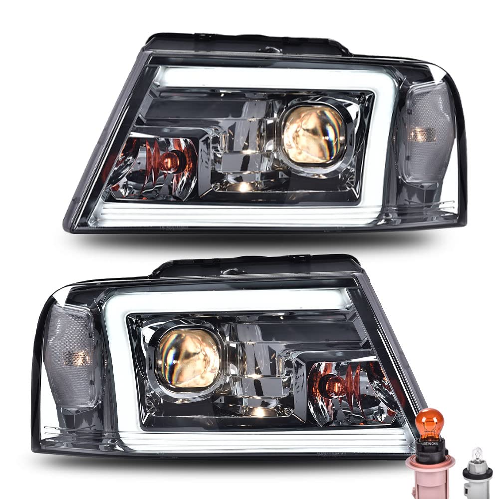 G-PLUS LED DRL Headlights, Compatible with 2004-2008 Ford F150/ 2006-2008 Lincoln Mark Lt(NOT Compatible with 2004 F150 Heritage/Flareside Beds Models), Smoky Lens Chrome Housing Clear Reflector