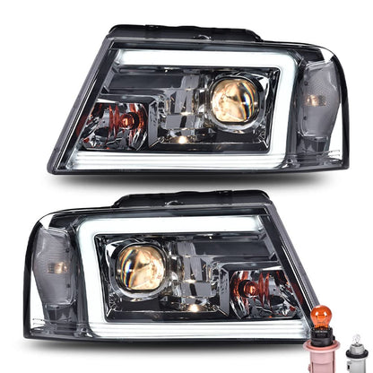 G-PLUS LED DRL Headlights, Compatible with 2004-2008 Ford F150/ 2006-2008 Lincoln Mark Lt(NOT Compatible with 2004 F150 Heritage/Flareside Beds Models), Smoky Lens Chrome Housing Clear Reflector