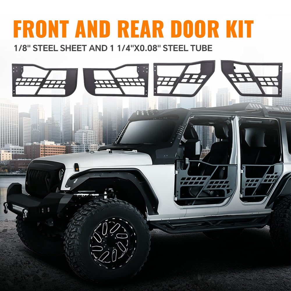 G-PLUS Tubular Doors Compatible With 2007-2018 Jeep Wrangler JK Unlimited 4 Doors Rock Crawler Off Road Replacement Front & Rear Tube Doors Without Mirror (Hardware Included) Steel Textured Black