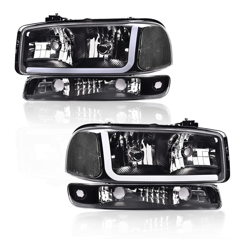G-PLUS LED DRL Headlights Assembly Left Driver & Right Passenger Bumper Headlamps Compatible with GMC Sierra 1500 1999-2007; Fit GMC Sierra 1500 HD 2001-2007 Clear Lens Black Housing Clear Reflector
