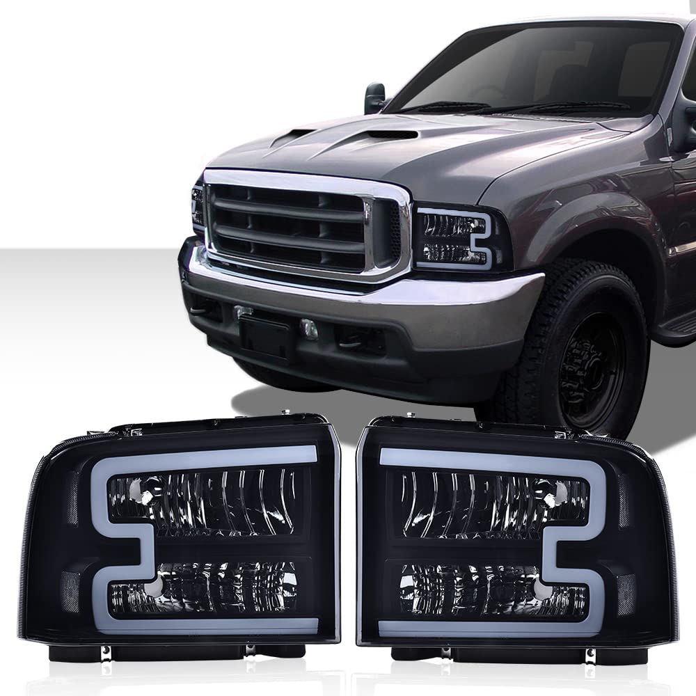 G-PLUS LED Bar Headlights Assembly Fit Ford F250 F350 F450 F550 Super Duty 2005-2007,Fit Ford Excursion 2005 Smoke Lens Black Housing DRL Headlamps w/Wiring,faros delanteros