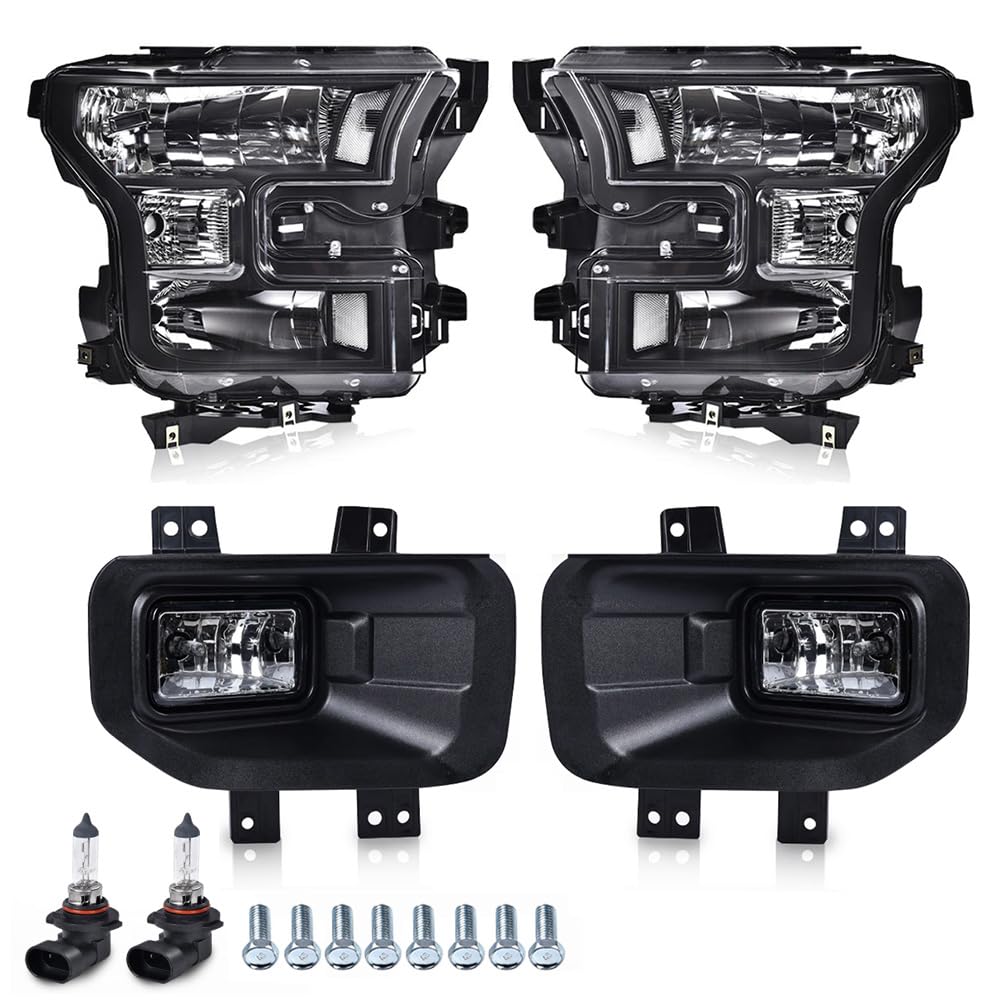 G-PLUS Front Bumper Fog Lights Assembly & Headlights w/o Bulbs Compatible with Ford F150 2015 2016 2017 (White Cover Black Frame White Reflector Headlights + Fog Lamps)