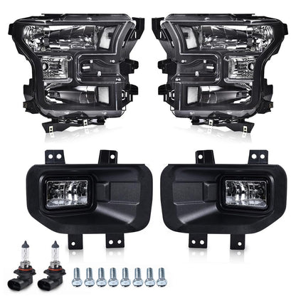 G-PLUS Front Bumper Fog Lights Assembly & Headlights w/o Bulbs Compatible with Ford F150 2015 2016 2017 (White Cover Black Frame White Reflector Headlights + Fog Lamps)